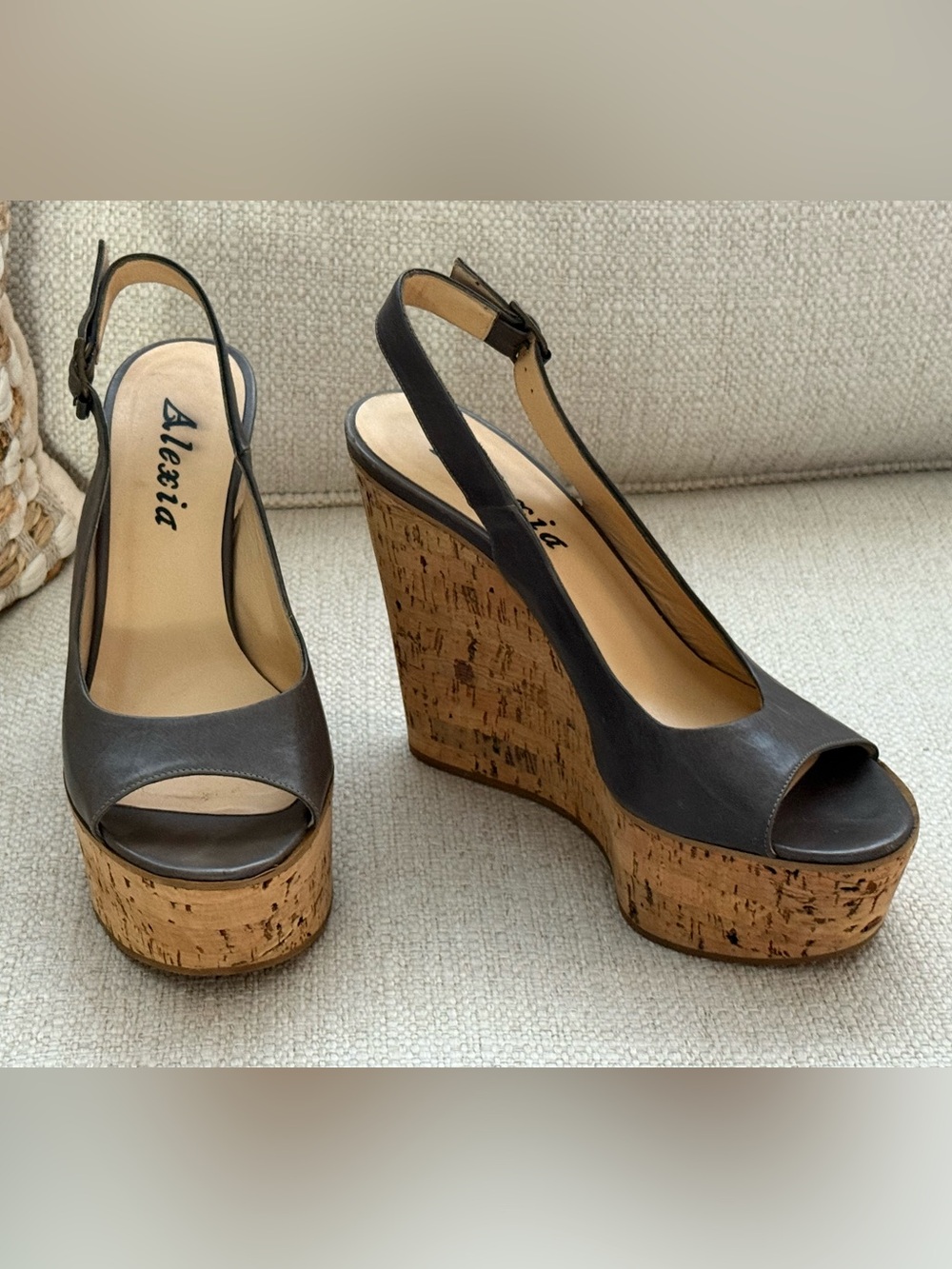 Alexia Gray Leather Cork Wedge Peep-Toe Slingback Sandals Made in Italy Size 38